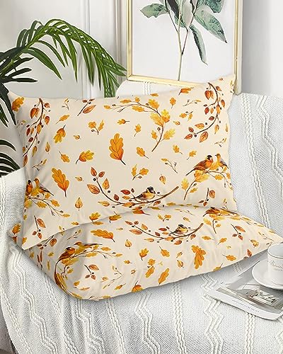 Edwiinsa Autumn Leaves Pillow Covers King Standard Set of 2 Bed Pillow, Farmhouse Fall Forest Maple Birds Plush Soft Comfort for Hair/Skin Cooling Pillowcases with Envelop Closure 20x36 Inches