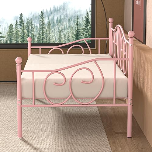 VECELO Metal Daybed Frame Multifunctional Platform Bed Sofa Mattress Foundation with Deluxe Headboard, Twin, Pink