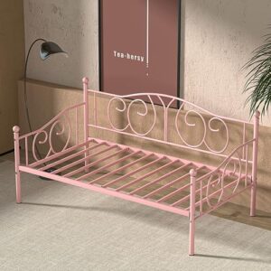 VECELO Metal Daybed Frame Multifunctional Platform Bed Sofa Mattress Foundation with Deluxe Headboard, Twin, Pink