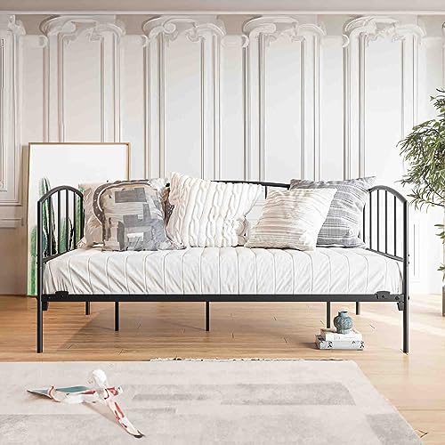 Modern Metal Daybed Frame, Heavy Duty Sofa Bed Platform with 7 Legs/Storage Space for Living Room Guest Room, Mattress Foundation Camas/Noise Free/No Box Spring Needed/Easy Assembly, Black