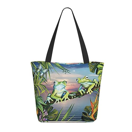 VACSAX Tote Bag for Women Reusable Shopping Bags Tropical Forest Frog Print Shoulder Handbag Aesthetic Totes for Grocery