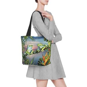 VACSAX Tote Bag for Women Reusable Shopping Bags Tropical Forest Frog Print Shoulder Handbag Aesthetic Totes for Grocery