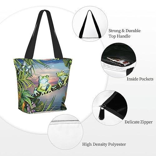 VACSAX Tote Bag for Women Reusable Shopping Bags Tropical Forest Frog Print Shoulder Handbag Aesthetic Totes for Grocery