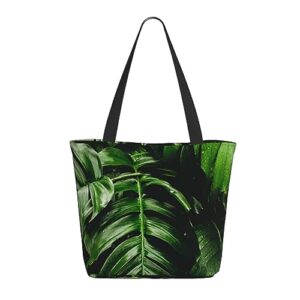 vacsax tote bag for women reusable shopping bags tropical green leaves print shoulder handbag aesthetic totes for grocery