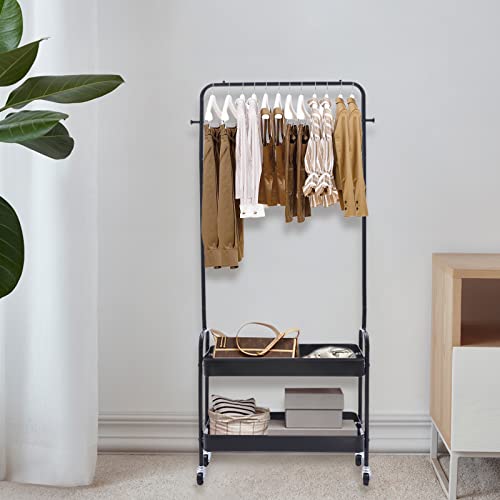 LOHISHILO 2-in 1 Clothing Rack Portable Clothes Hanger Stand with 2 Tier Metal Basket Rolling 4 Wheels, for Hallway, Living Room, Bedroom, Dressing Room, Laundry Room(2-in 1 Black)