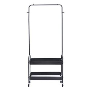 LOHISHILO 2-in 1 Clothing Rack Portable Clothes Hanger Stand with 2 Tier Metal Basket Rolling 4 Wheels, for Hallway, Living Room, Bedroom, Dressing Room, Laundry Room(2-in 1 Black)