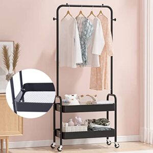 LOHISHILO 2-in 1 Clothing Rack Portable Clothes Hanger Stand with 2 Tier Metal Basket Rolling 4 Wheels, for Hallway, Living Room, Bedroom, Dressing Room, Laundry Room(2-in 1 Black)