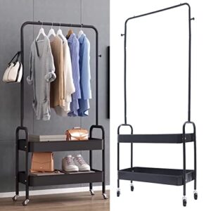 LOHISHILO 2-in 1 Clothing Rack Portable Clothes Hanger Stand with 2 Tier Metal Basket Rolling 4 Wheels, for Hallway, Living Room, Bedroom, Dressing Room, Laundry Room(2-in 1 Black)