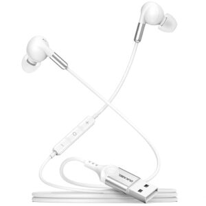 dukabel usb in-ear headphones, usb pc earbuds with noise cancellation for pc/ps4/ps5, white gaming earphone headset with microphone for live conference, video calls, broadcasting, on-line work