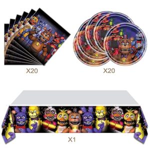 41pcs Birthday Party Supplies For Five Nights at Freddy's, 20Plates + 20 Napkin + 1Tablecloth，Party Decorate Supplies For Five Nights at Freddy's