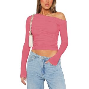 off shoulder tops for women sexy long sleeve solid color slim fitted basic t shirt y2k going out crop top (17-barbie pink, m)