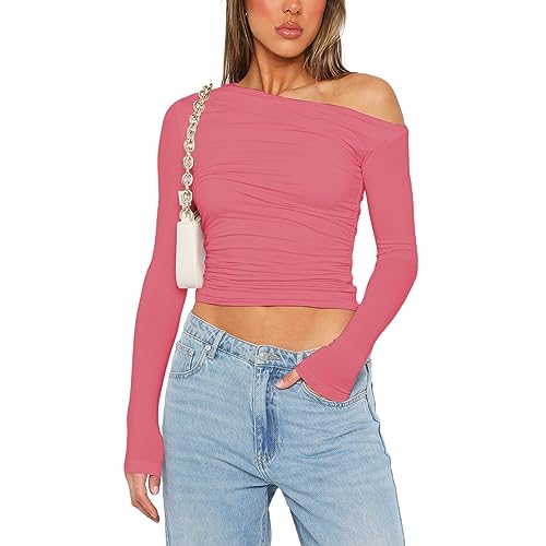 Off Shoulder Tops for Women Sexy Long Sleeve Solid Color Slim Fitted Basic T Shirt Y2K Going Out Crop Top (17-Barbie Pink, M)