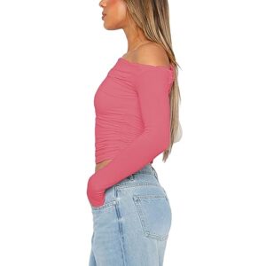 Off Shoulder Tops for Women Sexy Long Sleeve Solid Color Slim Fitted Basic T Shirt Y2K Going Out Crop Top (17-Barbie Pink, M)