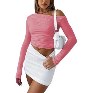 Off Shoulder Tops for Women Sexy Long Sleeve Solid Color Slim Fitted Basic T Shirt Y2K Going Out Crop Top (17-Barbie Pink, M)