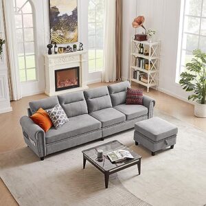 Pingliang Home Convertible Sectional Sofa, 4-Seat L Shaped Couch with Storage Chaise and Pocket, Modern Reversible Couches for Living Room, Light Grey