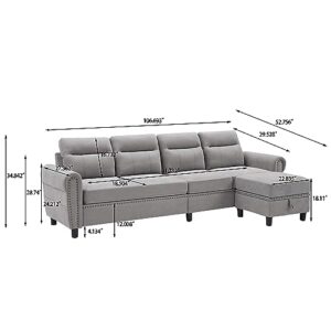 Pingliang Home Convertible Sectional Sofa, 4-Seat L Shaped Couch with Storage Chaise and Pocket, Modern Reversible Couches for Living Room, Light Grey