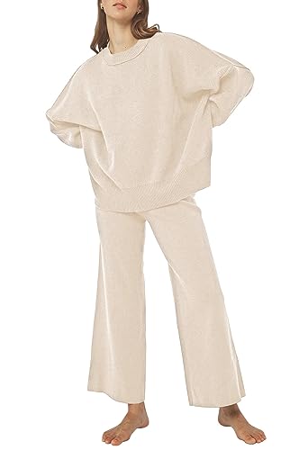 Linsery Womens Sweater and Pant Sets Batwing Sleeve Knitted Tops and Wide Leg Pants Comfy Set 2 Piece Knit Loungewear Tracksuit Apricot M