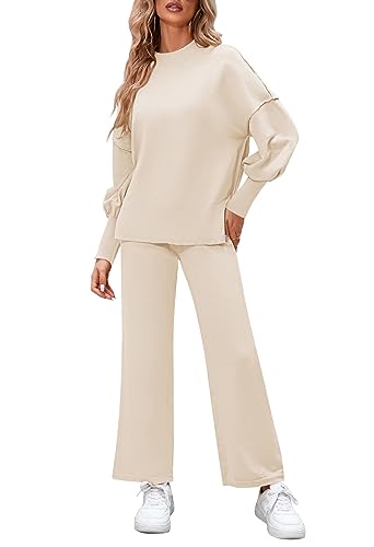 Linsery Womens Sweater and Pant Sets Batwing Sleeve Knitted Tops and Wide Leg Pants Comfy Set 2 Piece Knit Loungewear Tracksuit Apricot M