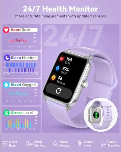 Quican Smart Watch for Women, 1.8 Inch Fitness Watch with Bluetooth Call/Alexa Voice for Android iPhone, Smartwatch Tracker with 100 Sports, Steps/Calorie/SpO2/Heart Rate/Sleep Monitor (Purple)