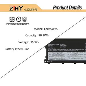 ZTHY L20M4P75 L20D4P75 Laptop Battery Replacement for Lenovo ThinkPad P1 Gen 4 20Y3 20Y4 / P1 Gen 5 / ThinkPad X1 Extreme 4th Gen 20Y5 / X1 Extreme Gen 5 Series SB11B79215 SB11B79216 15.48V 90Wh 4Cell