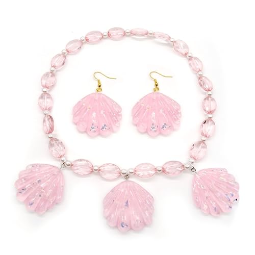 Pink Shell Necklace Earring Set Pink Link Chain Necklace Pink Shell Dangle Earrings Shell Crystal Beads Necklace Party Gifts for Women Girls and Teen