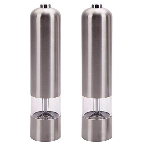 2pcs Stainless Steel Electric Automatic Pepper Mills Salt Grinder Silver,Salt and Pepper Grinder Set,Refillable Stainless Steel Shakers with Adjustable Coarse Mill