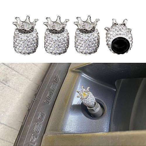 Kewucn 4 Pcs Car Tire Valve Stem Caps, Handmade Crown Crystal Rhinestone Rubber Car Stem Air Caps Covers, Attractive Dustproof Exterior Accessories, Universal Stem Cover for Most Autos (White)