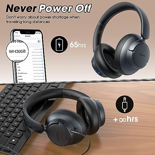 BERIBES Upgraded Hybrid Active Noise Cancelling Headphones with Transparent Modes,65H Playtime Bluetooth Headphones Wireless Bluetooth with Mic, Deep Bass,3.5MM Cable,Soft-Earpads,Fast Charging-Black