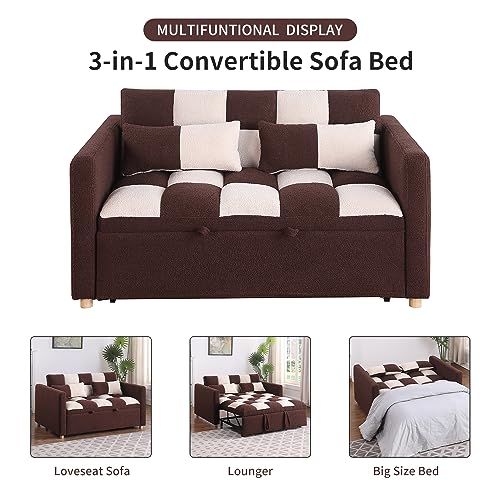 Gangnamri Loveseat Sofa Bed, Pull Out Sleeper Sofa with Adjustable Backrest and Pillows, Teddy Fabric Couch Bed for Living Room, Apartment and Small Space (Brown)