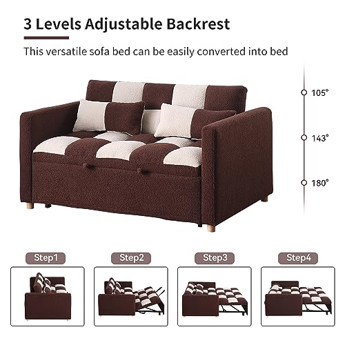 Gangnamri Loveseat Sofa Bed, Pull Out Sleeper Sofa with Adjustable Backrest and Pillows, Teddy Fabric Couch Bed for Living Room, Apartment and Small Space (Brown)