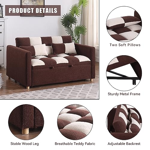 Gangnamri Loveseat Sofa Bed, Pull Out Sleeper Sofa with Adjustable Backrest and Pillows, Teddy Fabric Couch Bed for Living Room, Apartment and Small Space (Brown)