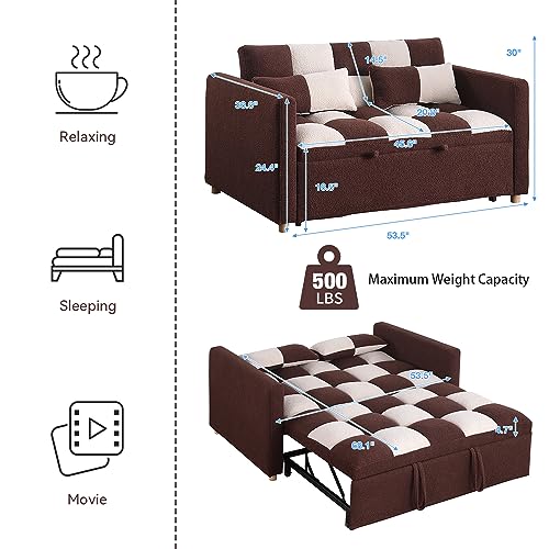 Gangnamri Loveseat Sofa Bed, Pull Out Sleeper Sofa with Adjustable Backrest and Pillows, Teddy Fabric Couch Bed for Living Room, Apartment and Small Space (Brown)