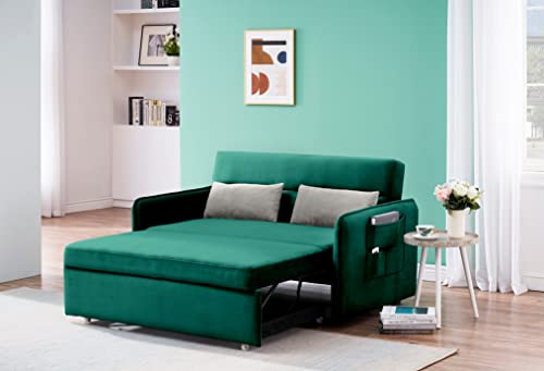 DHPM Pull Out Couch w/Headboard, 54" Modern Velvet Convertible Sleeper Love seat Sofa Bed with 2 Pillows & Detachable Side Pockets for Small Space, Living Room, Apartment, Green