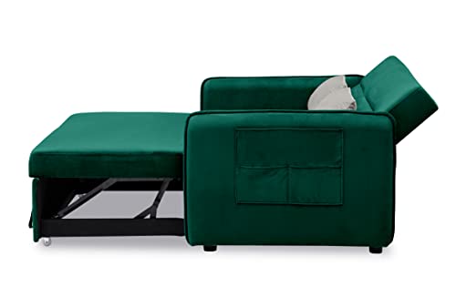 DHPM Pull Out Couch w/Headboard, 54" Modern Velvet Convertible Sleeper Love seat Sofa Bed with 2 Pillows & Detachable Side Pockets for Small Space, Living Room, Apartment, Green