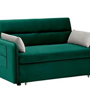 DHPM Pull Out Couch w/Headboard, 54" Modern Velvet Convertible Sleeper Love seat Sofa Bed with 2 Pillows & Detachable Side Pockets for Small Space, Living Room, Apartment, Green