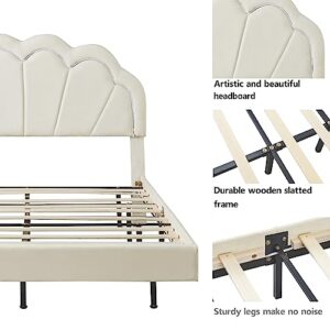 Harper & Bright Designs Upholstered Platform Bed, Queen Size LED Floating Velvet Wood Bed Frame with Elegant Flowers Velvet Headboard, Wood Slat Support, No Box Spring Needed, Easy Assembly (Beige)