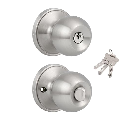 Knobonly Entry Keyed Alike Door Knobs with Lock and Key, Exterior Door Locks with Same Key, Front Door Handles Lock with Keys, Satin Nickel Entry Door Locksets, 3 Pack