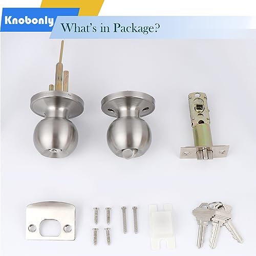 Knobonly Entry Keyed Alike Door Knobs with Lock and Key, Exterior Door Locks with Same Key, Front Door Handles Lock with Keys, Satin Nickel Entry Door Locksets, 3 Pack