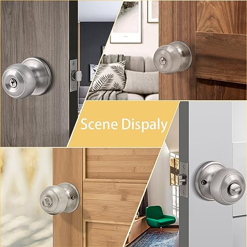 Knobonly 2 Pack Keyed Alike Door Knobs with Lock and Key, Entry Door Lock with Same Keys, Front Door Handles Lock with Key, Brushed Nickel Door Knobs with Lock and Keyes