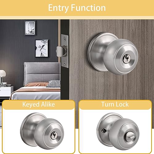 Knobonly 2 Pack Keyed Alike Door Knobs with Lock and Key, Entry Door Lock with Same Keys, Front Door Handles Lock with Key, Brushed Nickel Door Knobs with Lock and Keyes