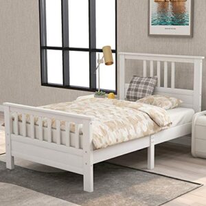 pociyihome twin wood platform bed with headboard and footboard, modern bed frame with solid wood slat and support legs for bedroom, simple and classic design,no box spring need, white (twin)