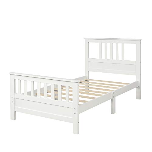 POCIYIHOME Twin Wood Platform Bed with Headboard and Footboard, Modern Bed Frame with Solid Wood Slat and Support Legs for Bedroom, Simple and Classic Design,No Box Spring Need, White (Twin)