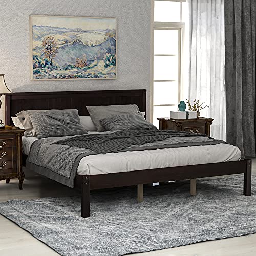 POCIYIHOME Queen Wood Platform Bed Frame with Headboard, Modern Bed Frame with Solid Wood Slat and Support Legs for Bedroom, Simple and Classic Design, No Box Spring Need, Espresso (Queen)