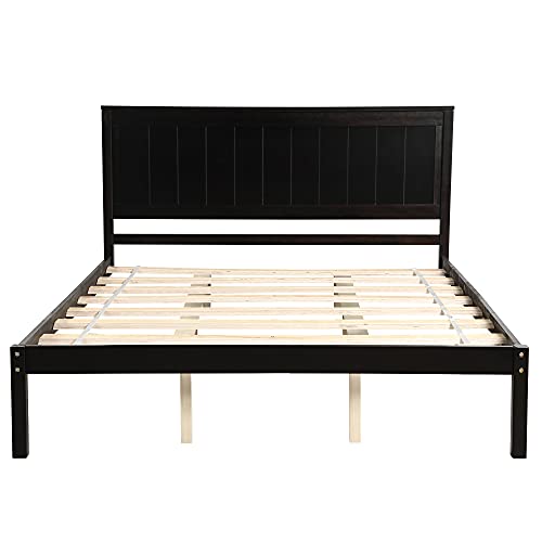 POCIYIHOME Queen Wood Platform Bed Frame with Headboard, Modern Bed Frame with Solid Wood Slat and Support Legs for Bedroom, Simple and Classic Design, No Box Spring Need, Espresso (Queen)