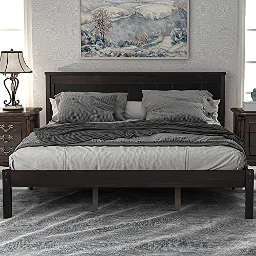 POCIYIHOME Queen Wood Platform Bed Frame with Headboard, Modern Bed Frame with Solid Wood Slat and Support Legs for Bedroom, Simple and Classic Design, No Box Spring Need, Espresso (Queen)