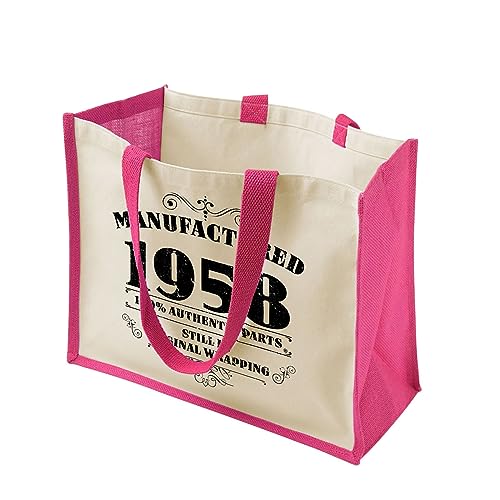 65th Birthday Tote Bag Gifts for Women - Reusable Cotton Jute Shoulder Bags for Shopping - Manufactured 1958 FUCHSIA-L