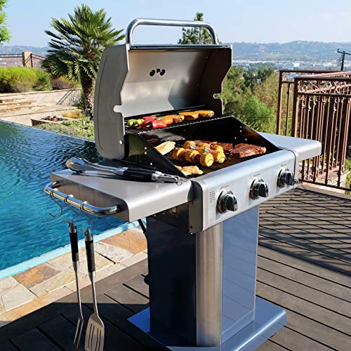 Kenmore 3-Burner Outdoor BBQ Grill | Liquid Propane Barbecue Gas Grill with Folding Sides & Grill Cover for Outdoor Grill, 56 Inch, Waterproof, Weather- UV- and Fade-Resistant