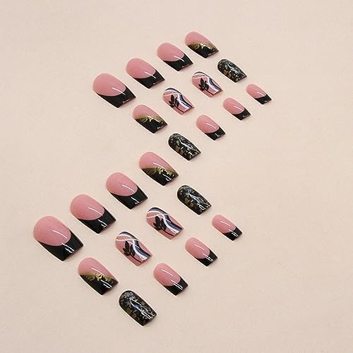 24 Pcs Press on Nails Medium Square Black French Fake Nails Press ons Gold Foil Sequin Fashion Nail Tips Full Cover False Nails with Designs Stick on Nails Glue Acrylic Nail Kit Art for Women Manicure