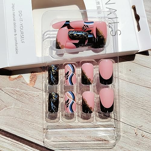 24 Pcs Press on Nails Medium Square Black French Fake Nails Press ons Gold Foil Sequin Fashion Nail Tips Full Cover False Nails with Designs Stick on Nails Glue Acrylic Nail Kit Art for Women Manicure