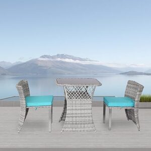 yoyomax, turquoise 3 pieces furniture clearance, pe rattan wicker storage shelf, patio sofa chairs with tempered glass table, ideal for garden-porch, 3pcs-bistro set